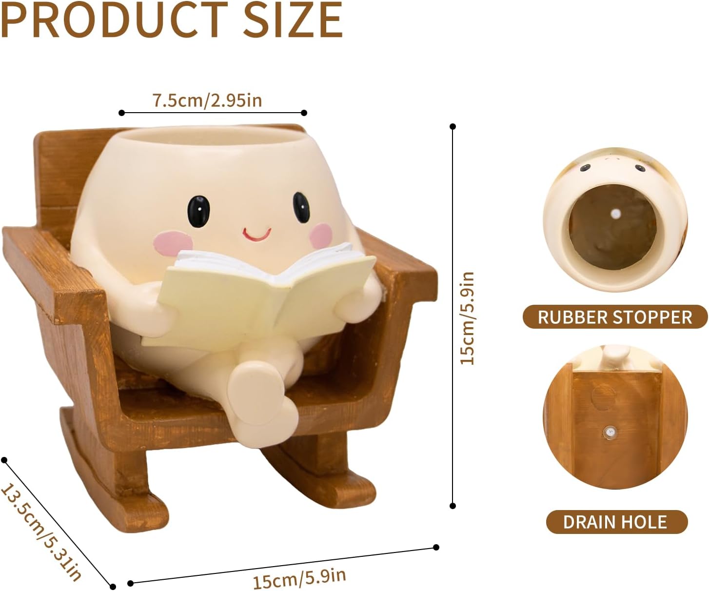 Cute Rocking Chair Smiley Face Planter Pot for Indoor Outdoor | Unique Book Garden Plant Pots with Drainage, Funny