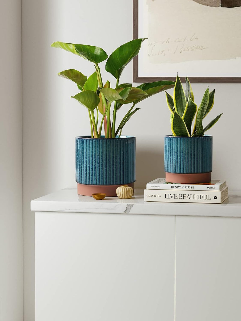 LE TAUCI Ceramic Plant Pots with Drainage Holes, Set of 3, 8+6.7+5.5 Inch Stripe Garden Planter Pots for Outdoor Indoor