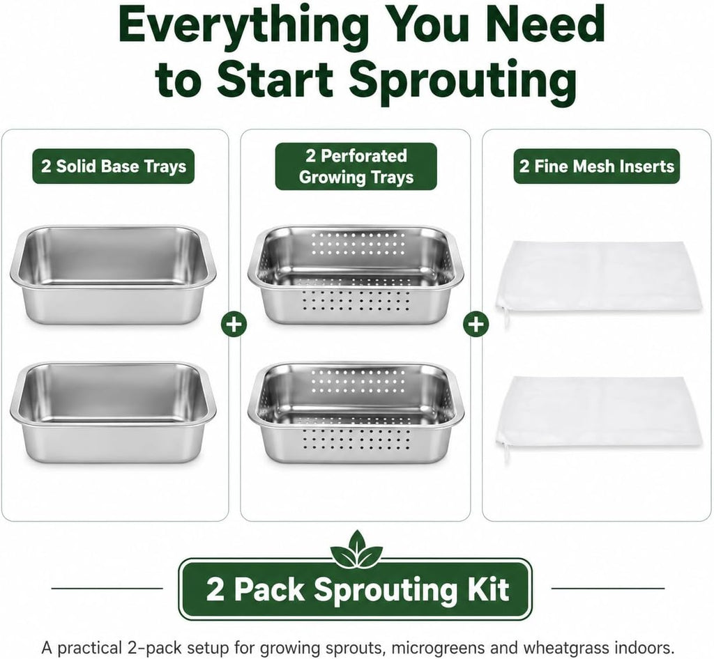 2 Pack Stainless Steel Seed Sprouter Tray Kit with Mesh Inserts | Raised drainage design supports cleaner rinsing, even