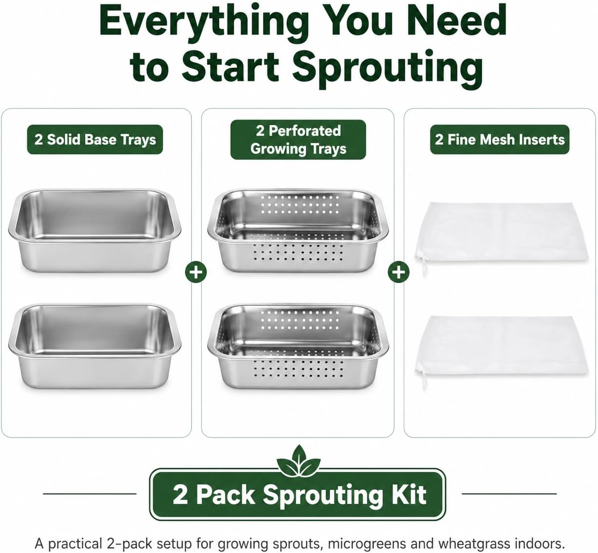 2 Pack Stainless Steel Seed Sprouter Tray Kit with Mesh Inserts | Raised drainage design supports cleaner rinsing, even