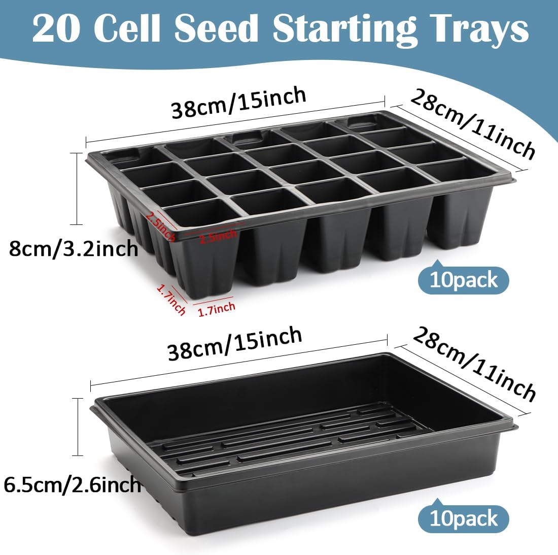 RooTrimmer 10 Pack 2.5 inch Square Pots 3.5 inch Deep 20 Cell Seedling Plug Trays with Water Collection Nursery Trays