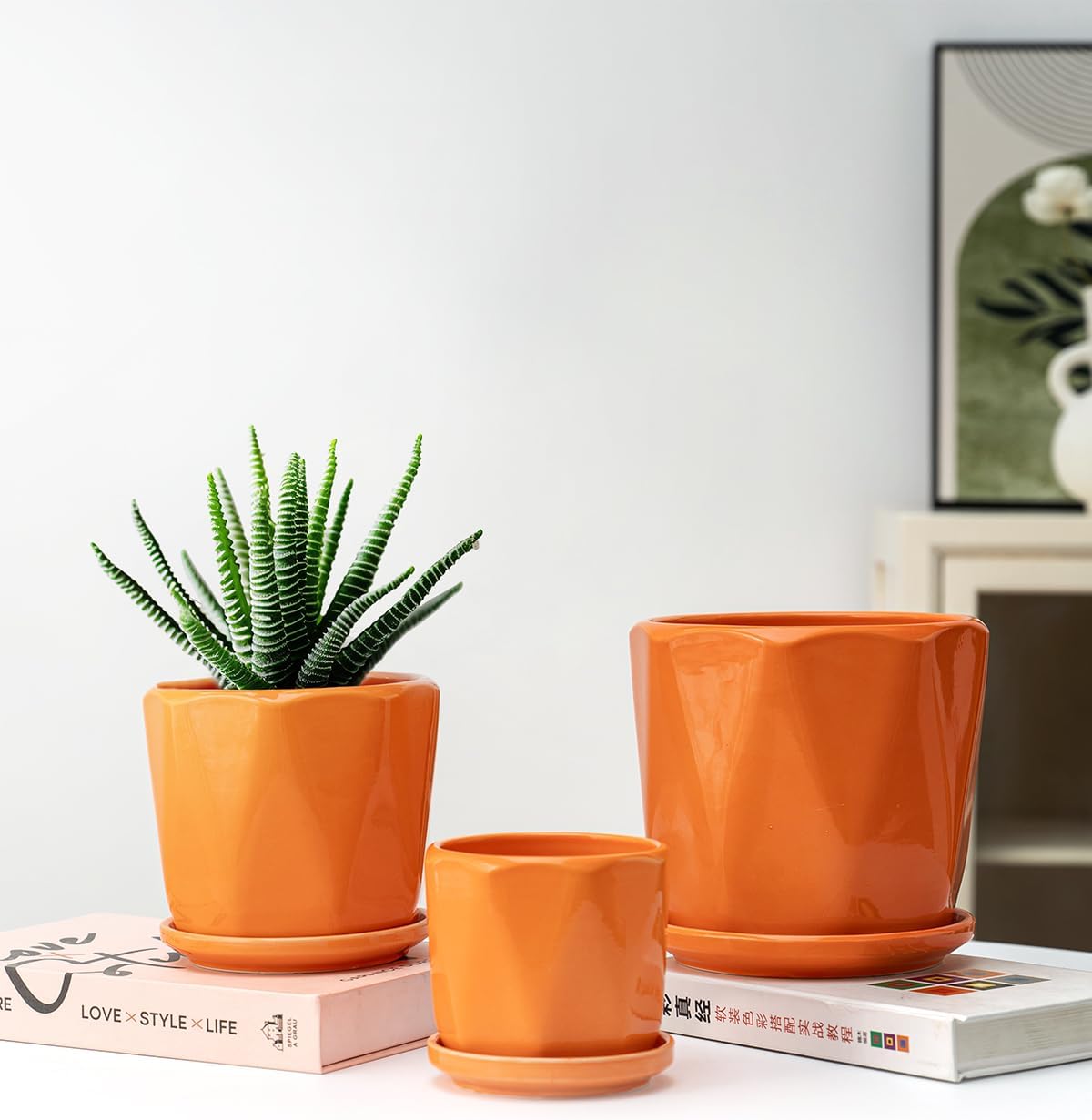 Ceramic Plant Pots Set of 3, Indoor Planter with Drainage Holes and Saucers | Orange Flower Pots for Indoor Plants
