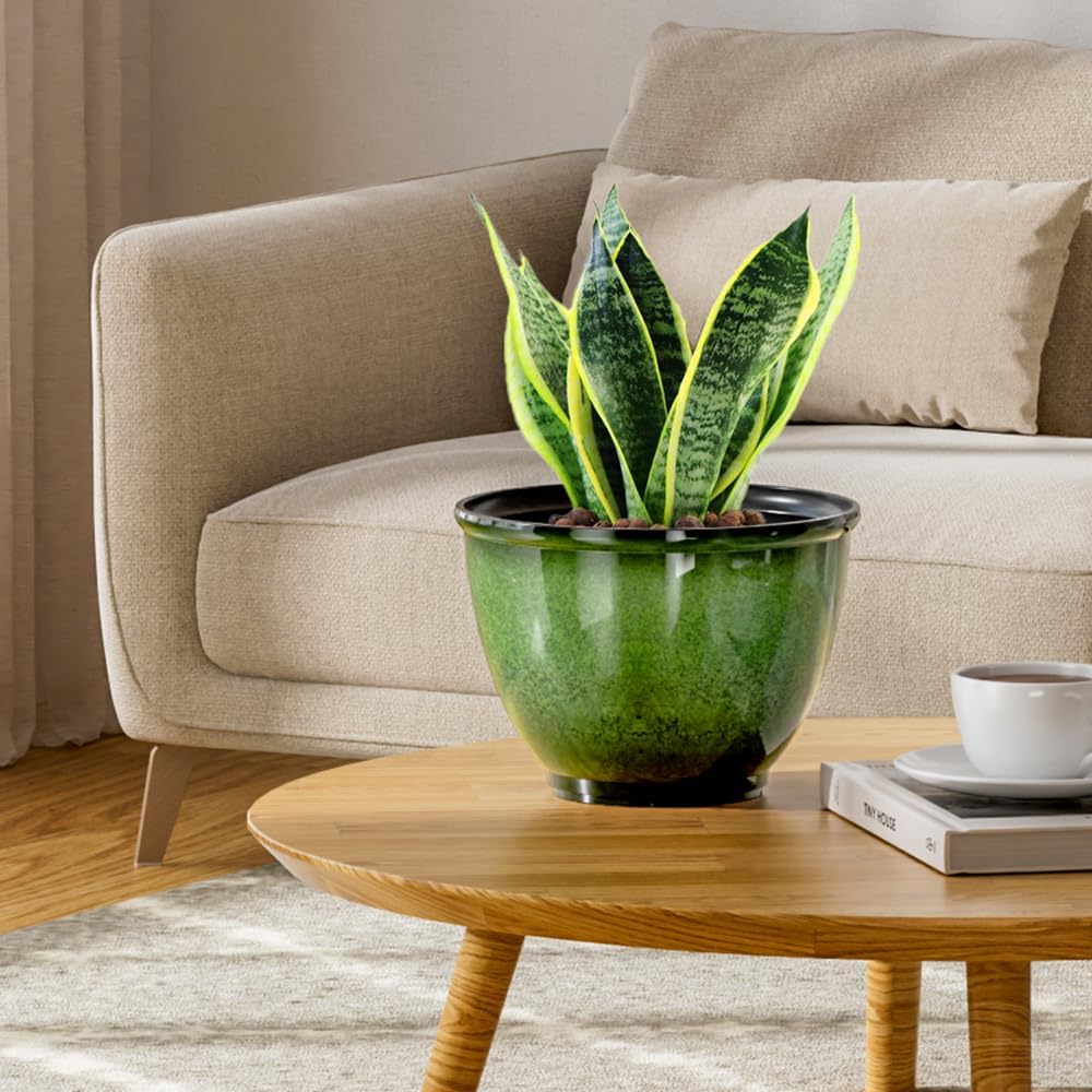 8Inch Plastic Plant Pots,4Pack Glazed Flower Pots for Indoor Outdoor Plants | Modern Decorative Ceramic Look Planters