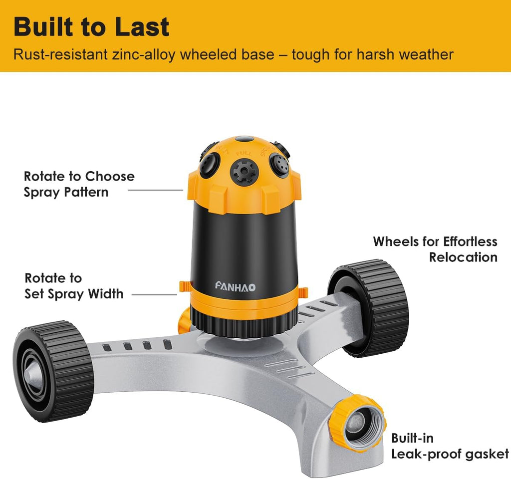 FANHAO Gear Drive Lawn Sprinkler with Metal Wheel Base, Heavy Duty 6-Pattern Water Sprinkler System, Adjustable