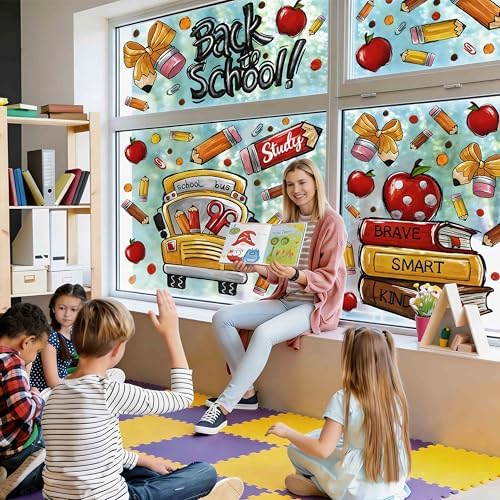 Back to School Window Cling Decor School Bus Pencils Apple Window Stickers