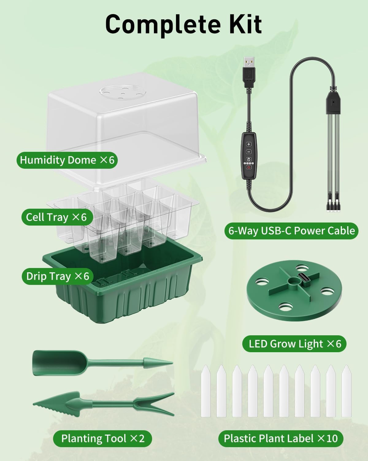 Pawfly 6 Pack Seed Starter Kit, 72 Cells, Seed Starter Trays | Adjustable Grow Lights & 3.9" Humidity Domes, Seedling