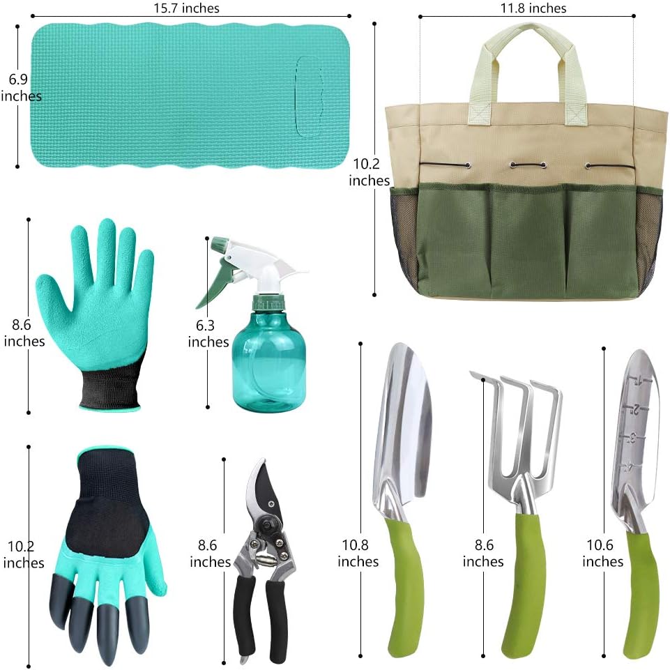 Garden Tools Set with 3 Aluminum Gardening Tools, 1 Pruning Shear, 1 Mister Spray Bottle, 1 Foam Kneeler，1 Garden