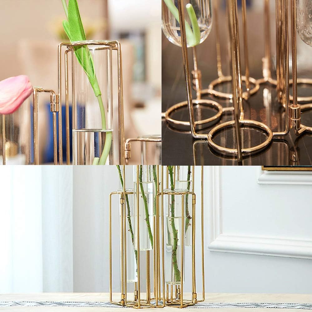 Hinged Flower Vases Test Tube Flower Vase with 5 Test Tubes Gold Metal Frame can be Bent and Contorted, Propagation
