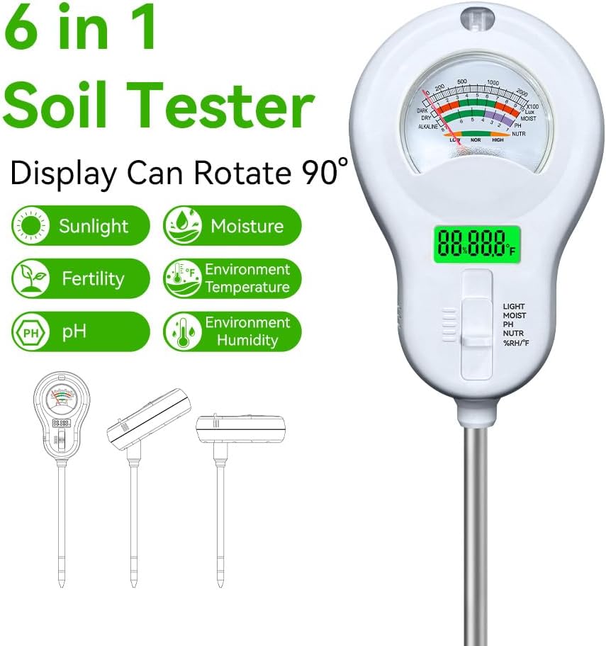 Soil Tester 6-in-1 Soil Moisture Meter Sunlight/Moisture/Fertility/PH/Environment Temperature/Environment