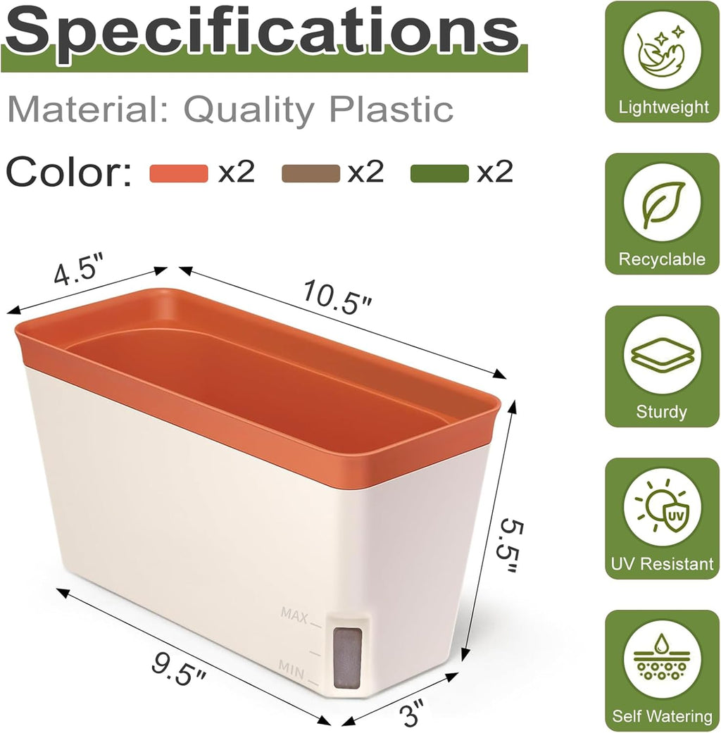 OurWarm Self Watering Pots for Indoor Plants, 6 Pack 10.5 Inch Plastic Window Herb Planter Box with Water Level