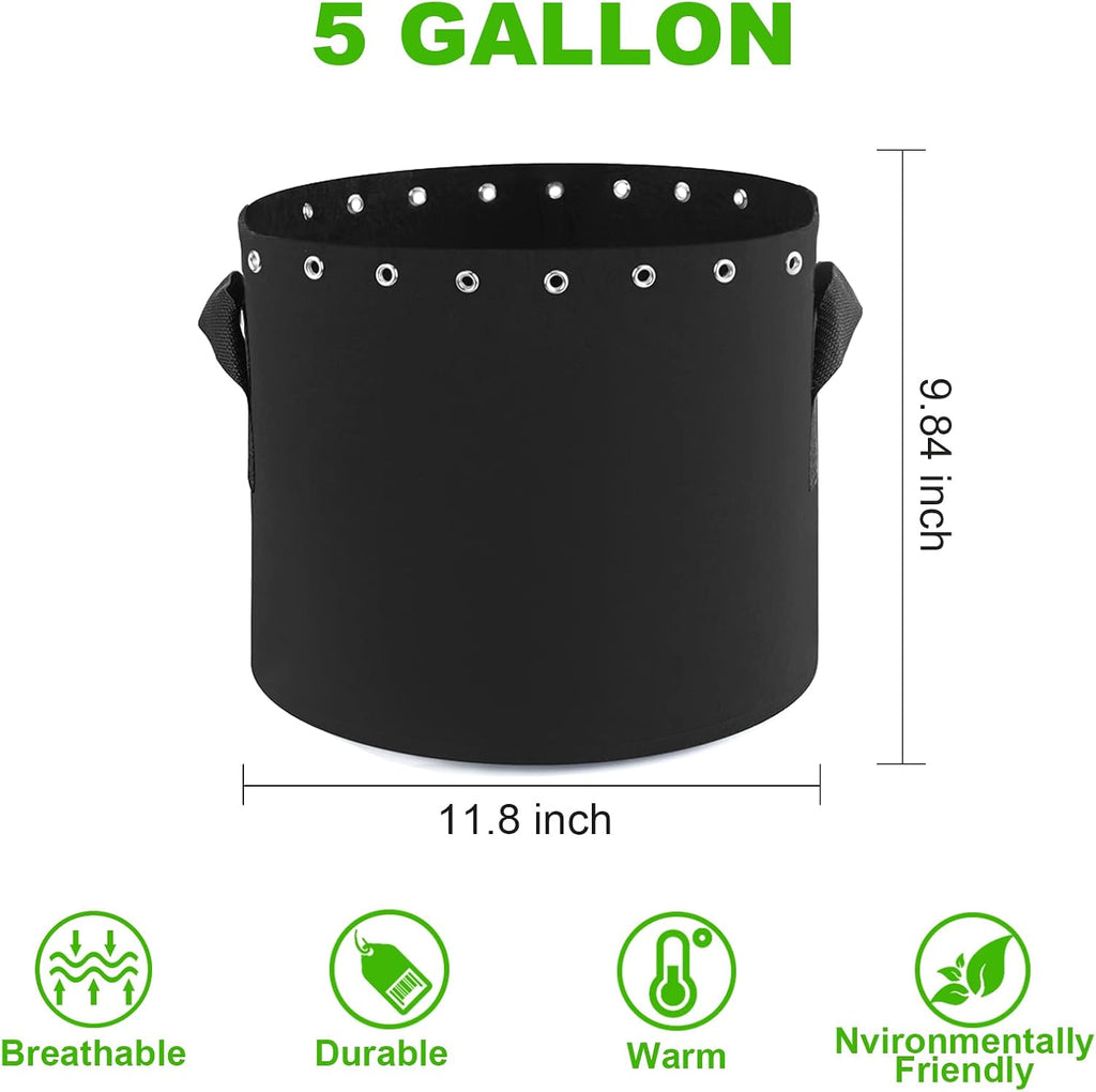 5 Gallon Plant Grow Bags with Holes 5-Packs. | Thichkened Non-Woven Aeration Fabric Pots with Handles - Reinforced