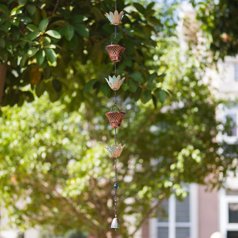 10.2ft Lotus Rain Chains for Outside Gutters, Eaves, Drainage | 16 Cups, Metal Rain Chain, Adjustable Length