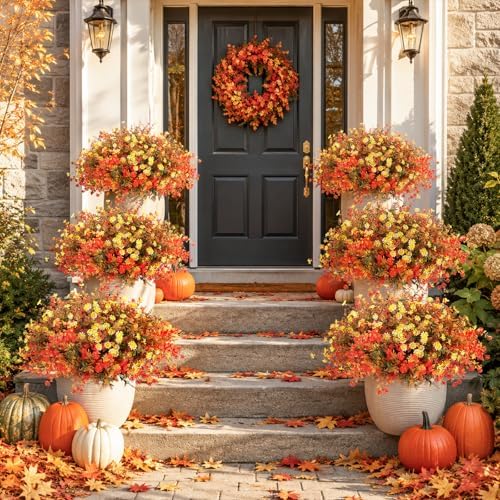 24 Bundles Artificial Fall Flowers for Outdoors Decor, Fake Mums Plants