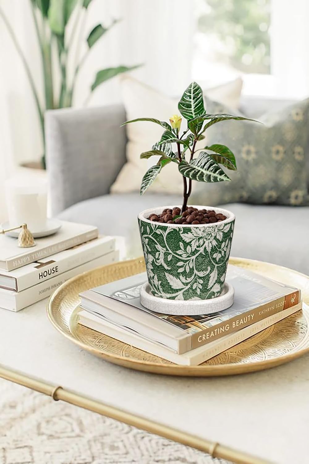 Set of 2 Ceramic Green Plant Pots with Drainage Hole and Saucers, Vintage Farmhouse Accent Planters for Indoor Plants