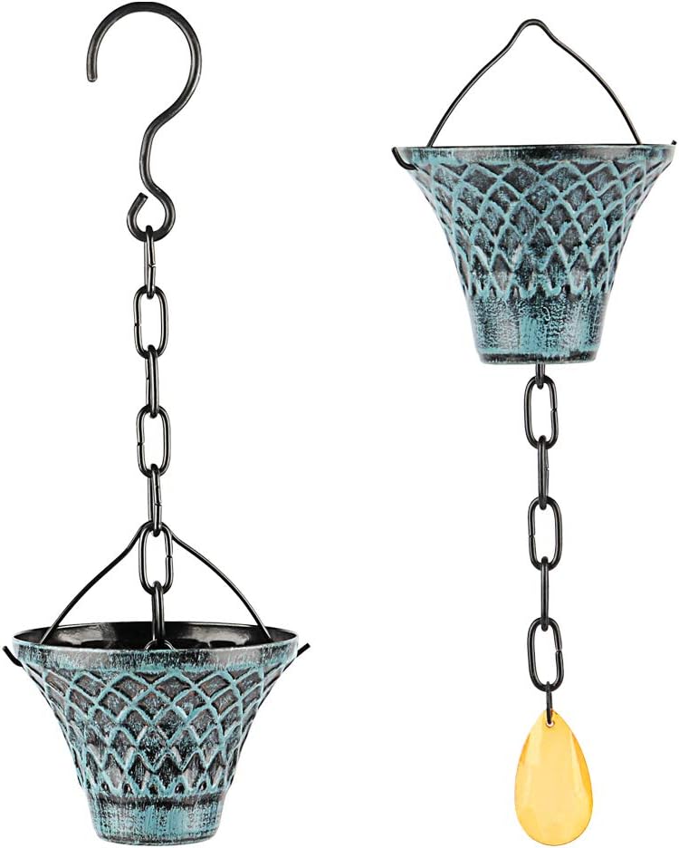 Rain Chains for Gutters Outside Downspouts Rain Catcher Diverter Metal Blue Plaid Outdoor Decorative, 8.5 FT
