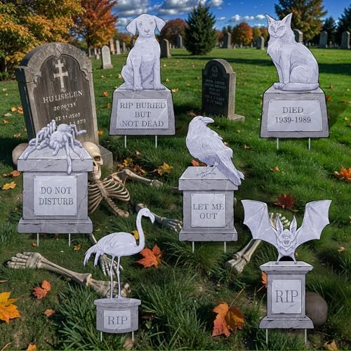 6PCS Halloween Outdoor Graveyard Signs Decorations Halloween Pet Cemetery Tombstones Yard Signs with Stakes Plastic Spider Bat Cat Dog Headstone Lawn Signs for Halloween Haunted House Mansion Supplies