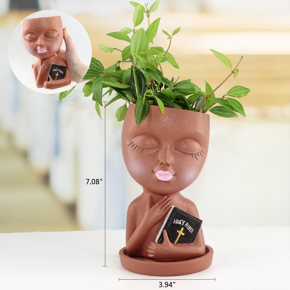 Face Planters Pots Head for Indoor Outdoor Plant Unique Head Planter Holding Book Confessional Girl Face Flower Pot