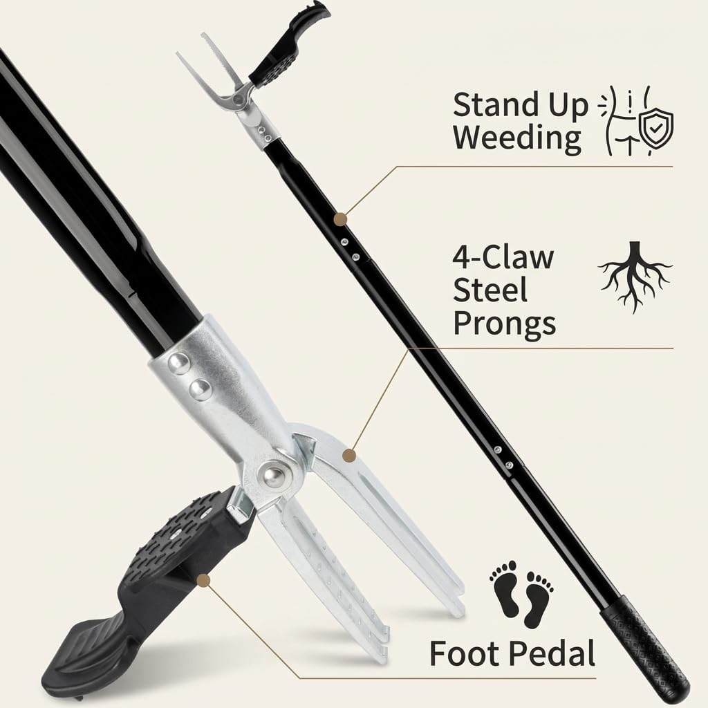 Stand Up Weed Puller Tool, 4-Claw Steel Head Heavy Duty Weeder, Adjustable Long Handle Garden Weeding Tool for