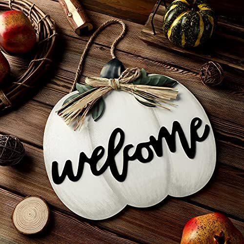 Jetec Fall Door Decor, Wooden Fall Pumpkin Welcome Sign Hanger, White