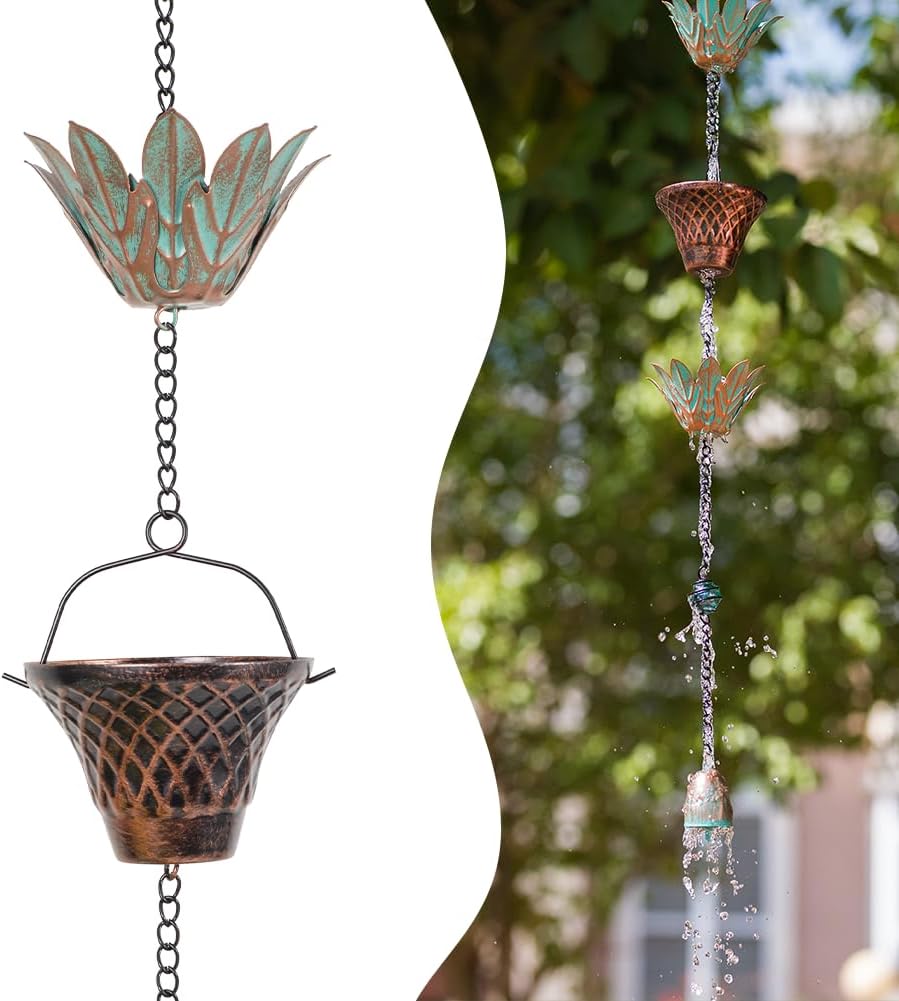10.2ft Lotus Rain Chains for Outside Gutters, Eaves, Drainage | 16 Cups, Metal Rain Chain, Adjustable Length