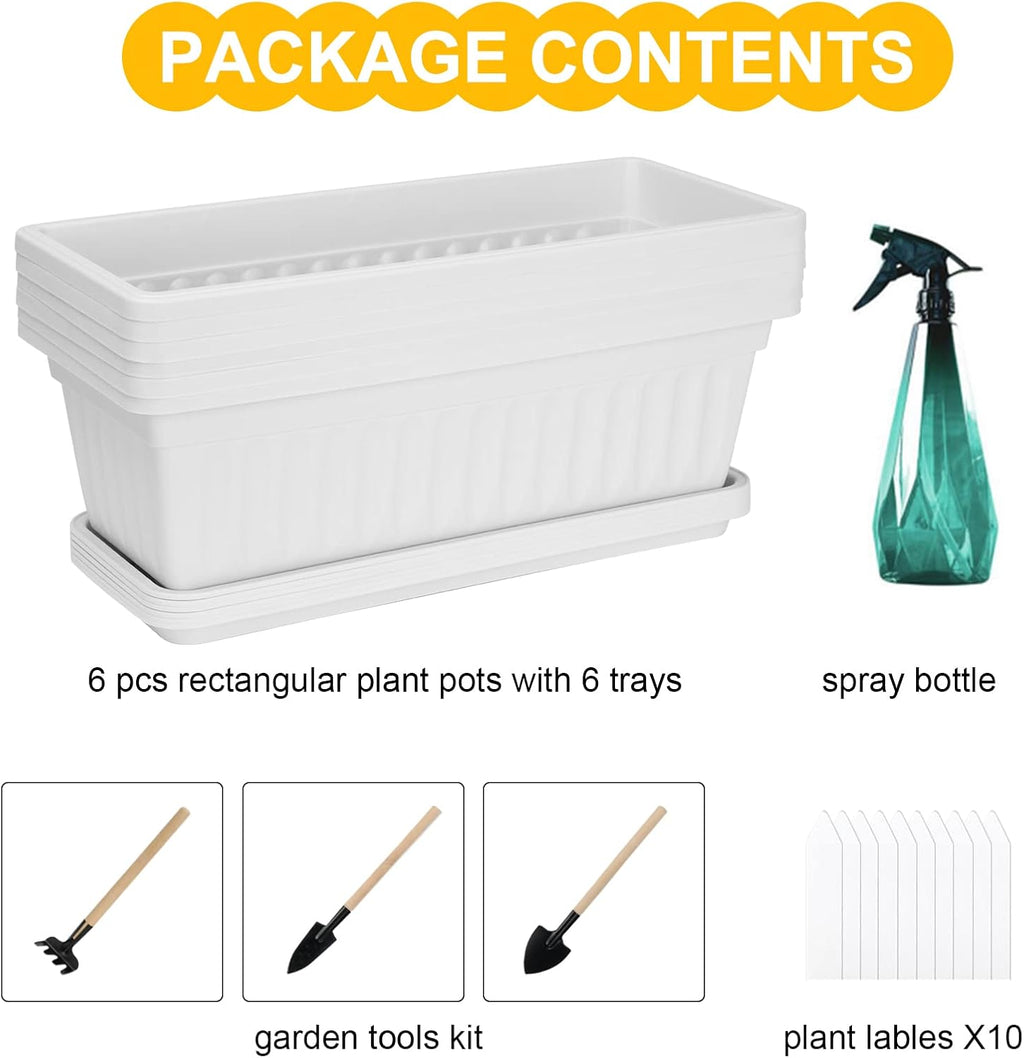 Window Box Planter, 6 Pcs 17" Flower Rectangle Planter Boxes Outdoor, White | with Spray Bottle, Garden Tool Kit