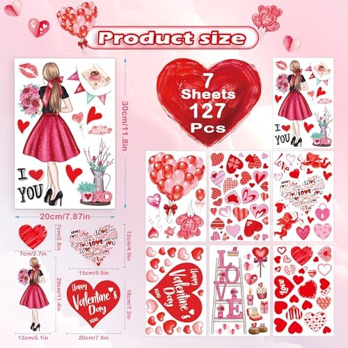 Valentine's Day Hearts Window Clings for Glass Window 7 Sheets 127 Pcs Happy Valentines Day Heart Window Stickers Decals Decorations Party Supplies for Wedding Anniversary Valentines