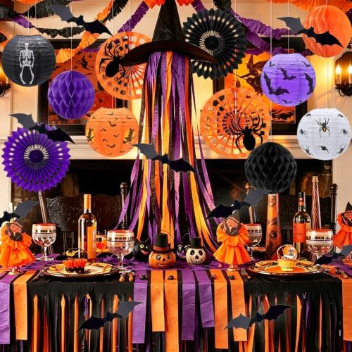 Halloween Party Decorations, Orange Black Purple Crepe Paper Streamers, Hanging Halloween Spider Web Paper Fans Lanterns Honeycomb Balls Party Décor for Home Haunted House Classroom Office Birthday