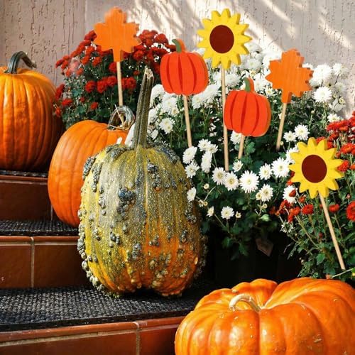 6 Pcs Wood Fall Garden Stakes, Pumpkin Sunflower Maple Yard Decor