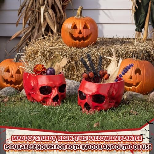 2 Pack Halloween Skull Planter, Red, Retro