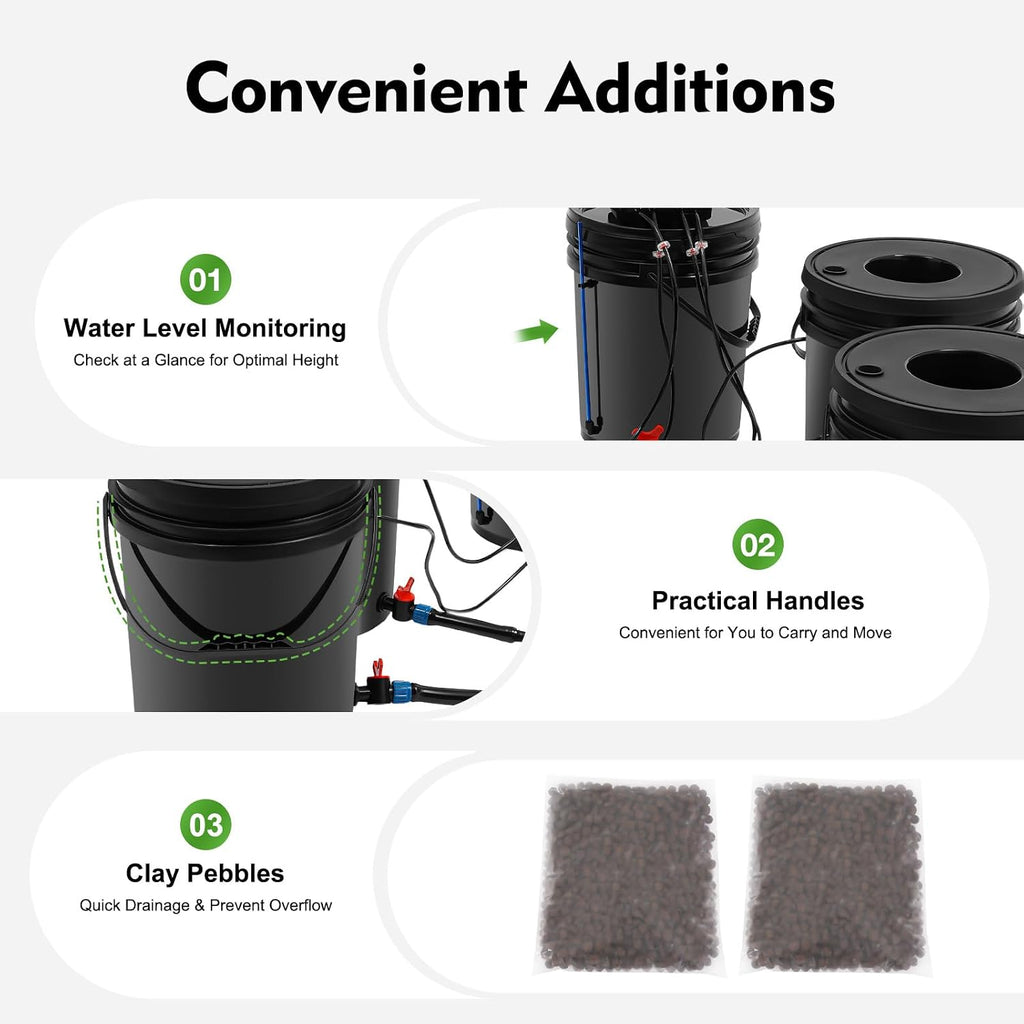 DWC Hydroponics Grow System 5.28 Gallon Deep Water Culture Kit with 12W 110V Air Pump, Five 12inch Buckets & Air Stones