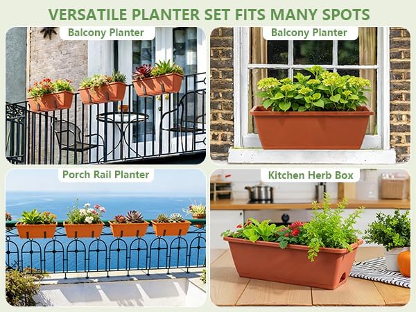 Railing Planter Box 4 Pack Window Boxes Planters with Adjustable Brackets | 17 Inch Rectangular Hanging Flower Pots