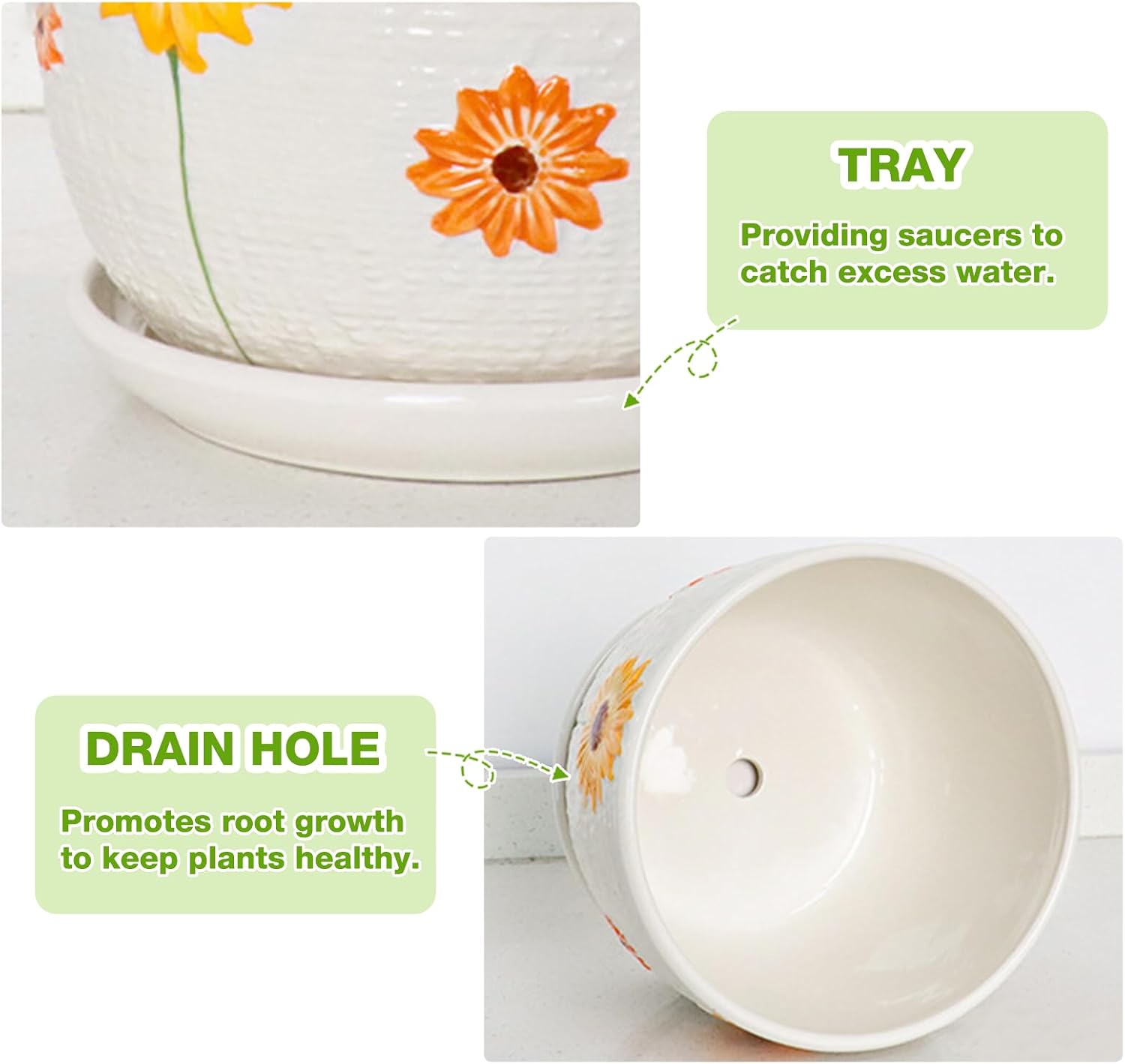 Hlukana Ceramic Plant Pots Set of 3, 6.75/5.6/4.2 inch Planters with Drainage Holes and Saucer, Flower Pots Outdoor