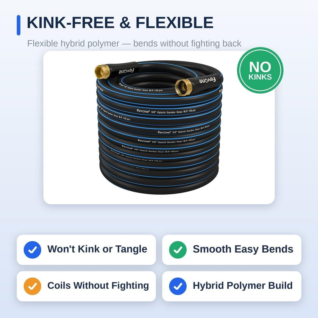Kink Free Garden hose 100 ft, Heavy Duty Water Hose | Flexible Lightweight Hybrid Polymer, 5/8 ID, 600 PSI, Leak-Free