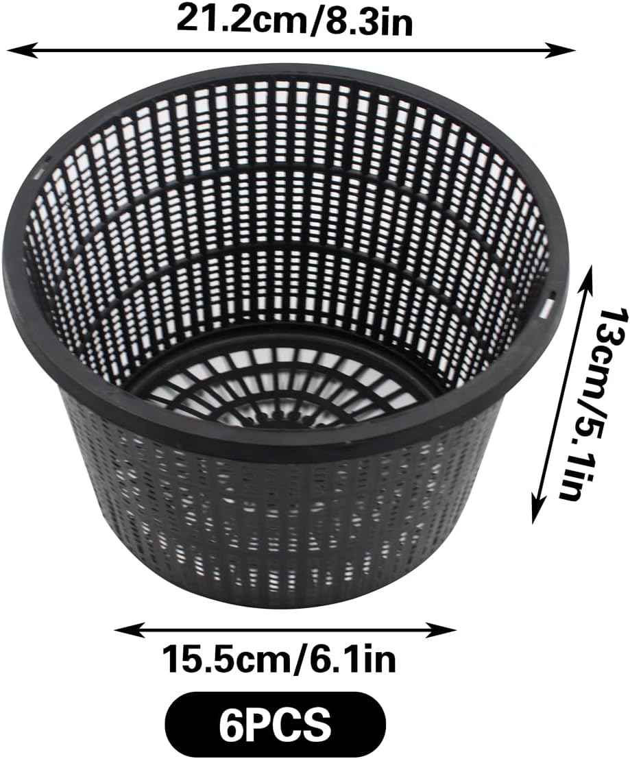 SnowTing 6 PCS 8.3'' Round Hydroponic Baskets, Large Black Plastic Aquatic Plant Mesh Net Pot, Pond Slotted Baskets