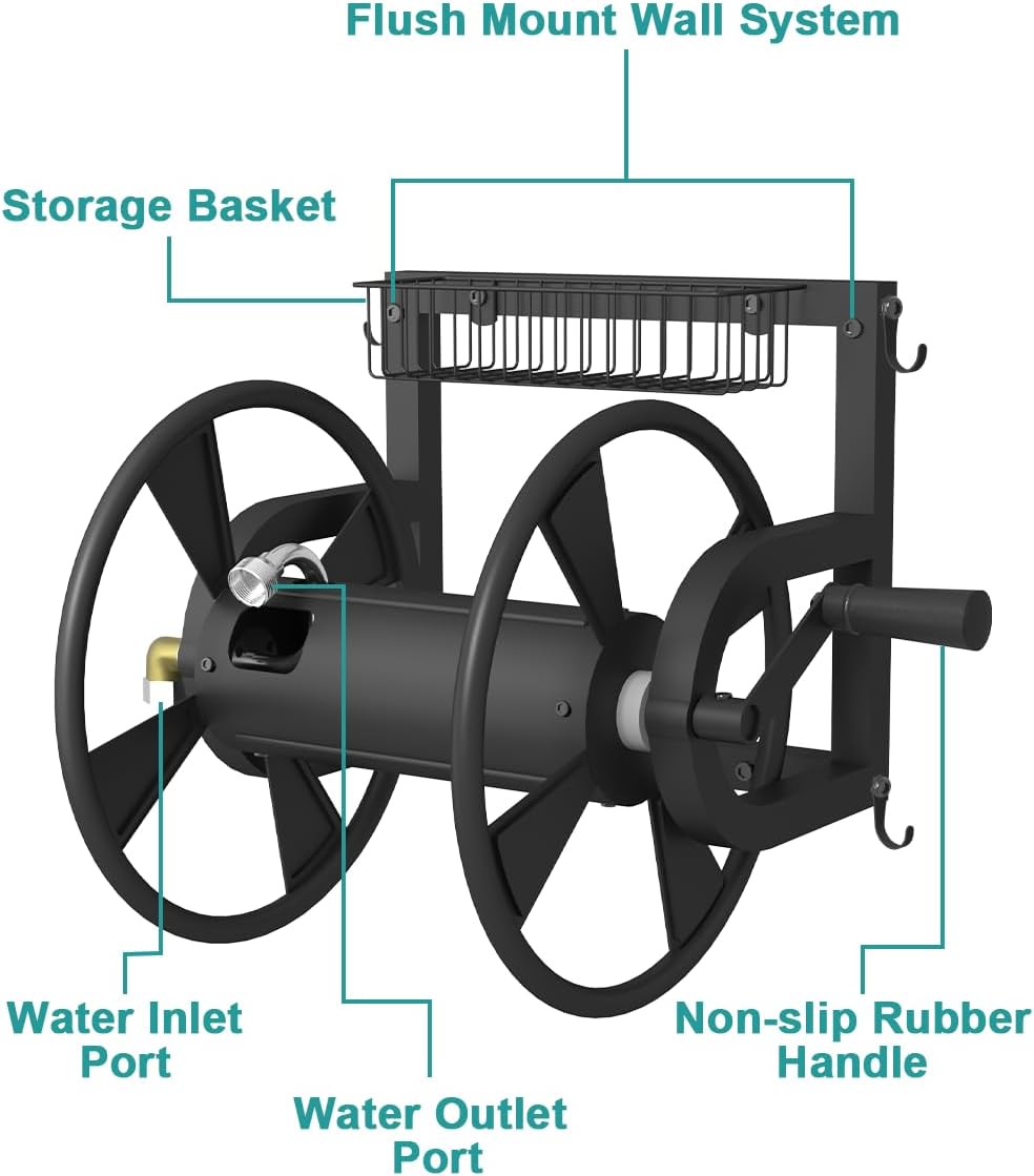Outdoor Wall Mounted Hose Reel with Hook, Garden Heavy-Duty Water Holder Winder with 3.9 ft Leader Hoses, Brass Fitting