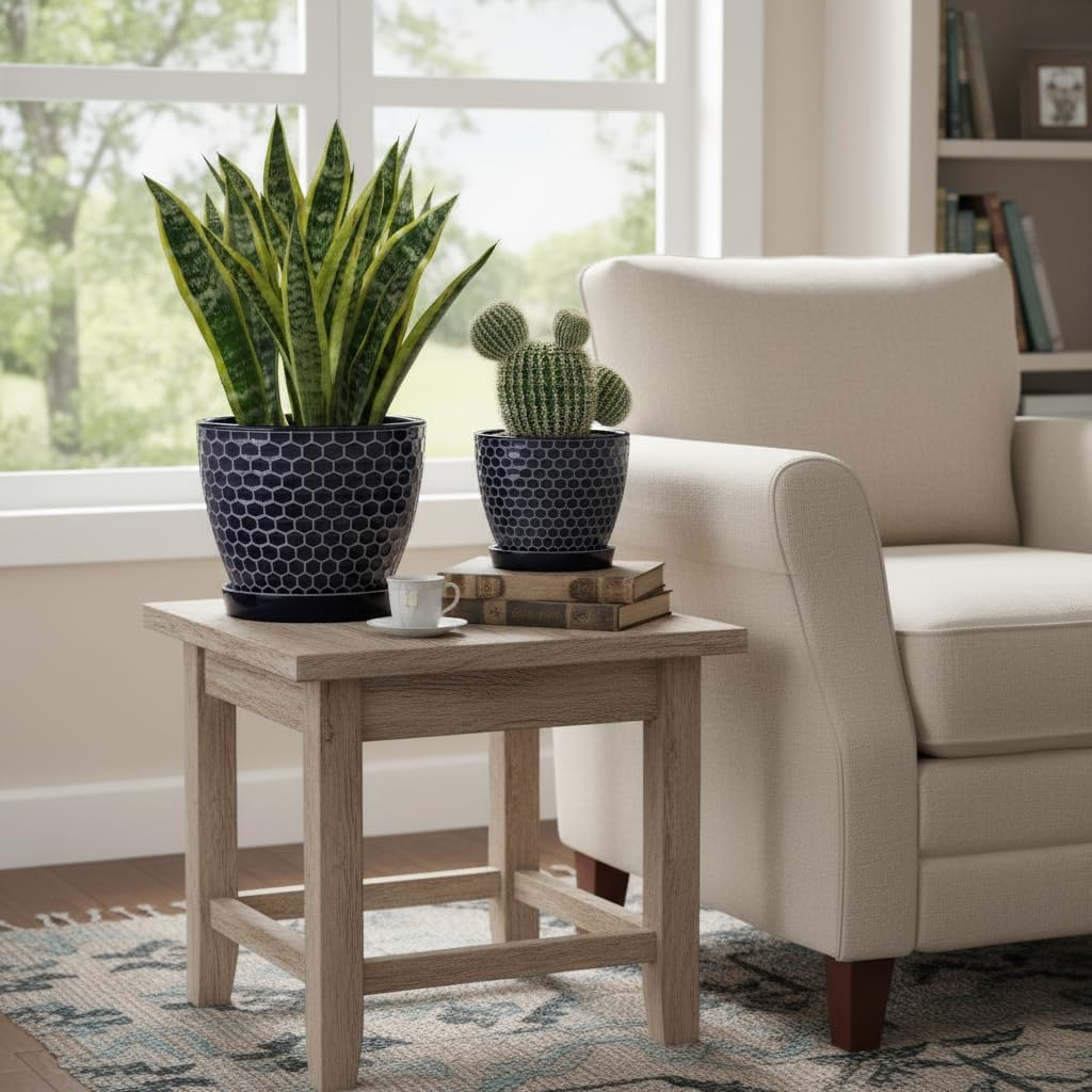 Docrin Blue Honeycomb Ceramic Plant Pot Set - 6.6"+5.5" Inch, Modern Decorative Planters with Drainage Holes & Saucers