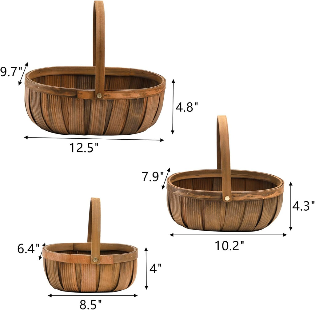 Lawei 3 Pack Wooden Bread Baskets, Wood Chip Picnic Basket with Handles, Handmade Woven Fruits Vegetable Storage