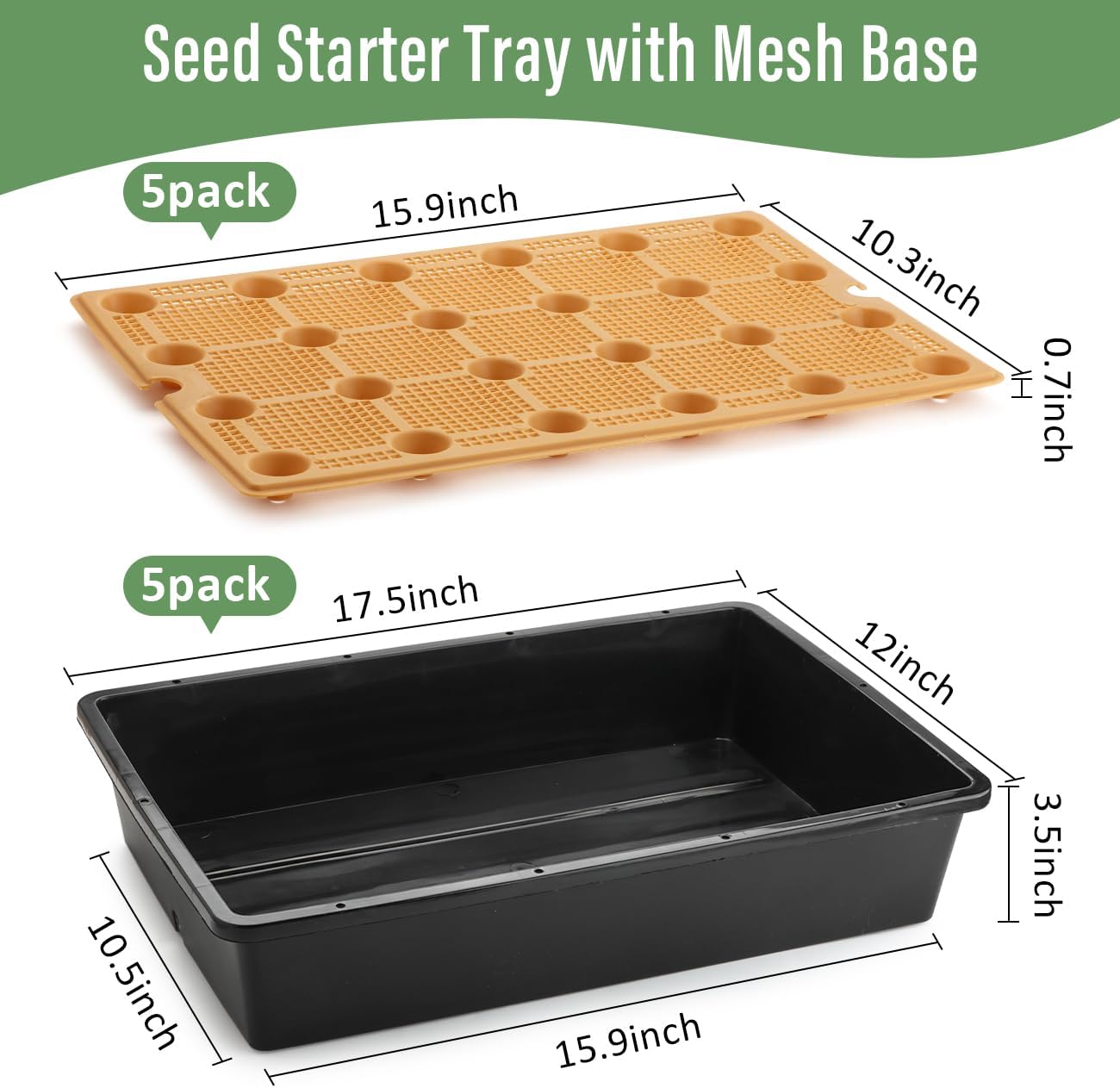 5 Pack Nursery Pots Trays with Removable Mesh Drainage Mat, Plastic Seed Starter Trays (17"x12"x3.5") with Drainage
