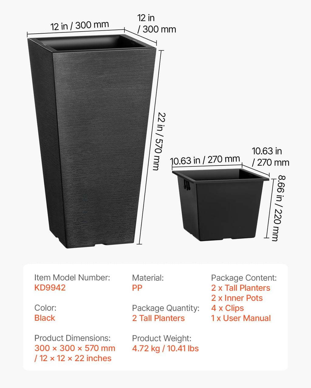 VEVOR Set of 2 Tall Outdoor Planters 22inch, Large Planters for Outdoor Indoor Plants, Black Front Porch Planter Flower