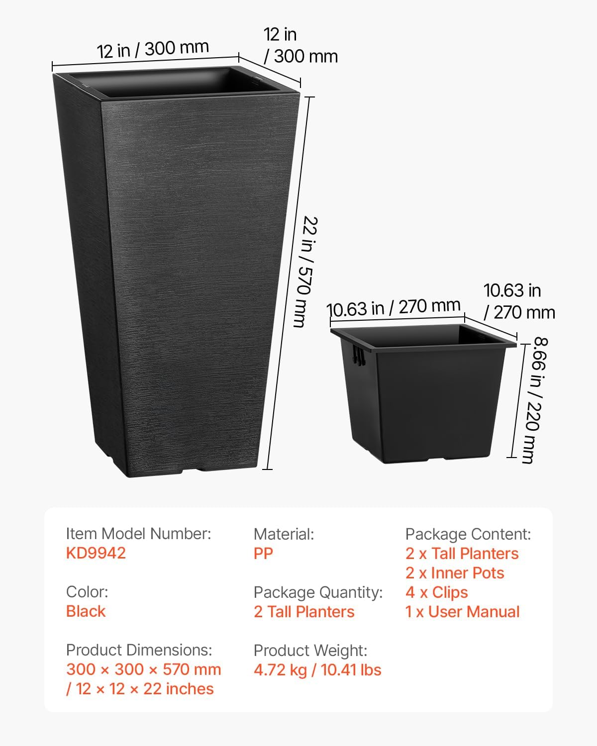 VEVOR Set of 2 Tall Outdoor Planters 22inch, Large Planters for Outdoor Indoor Plants, Black Front Porch Planter Flower