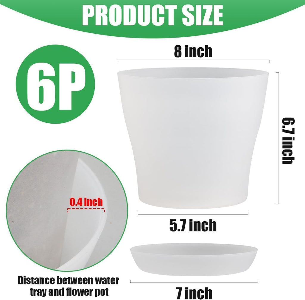 6 Pack 8 Inch Clear Nursery Plant Pots with Large Drainage Holes &Saucer | Plastic Translucent Flower Pots - Durable
