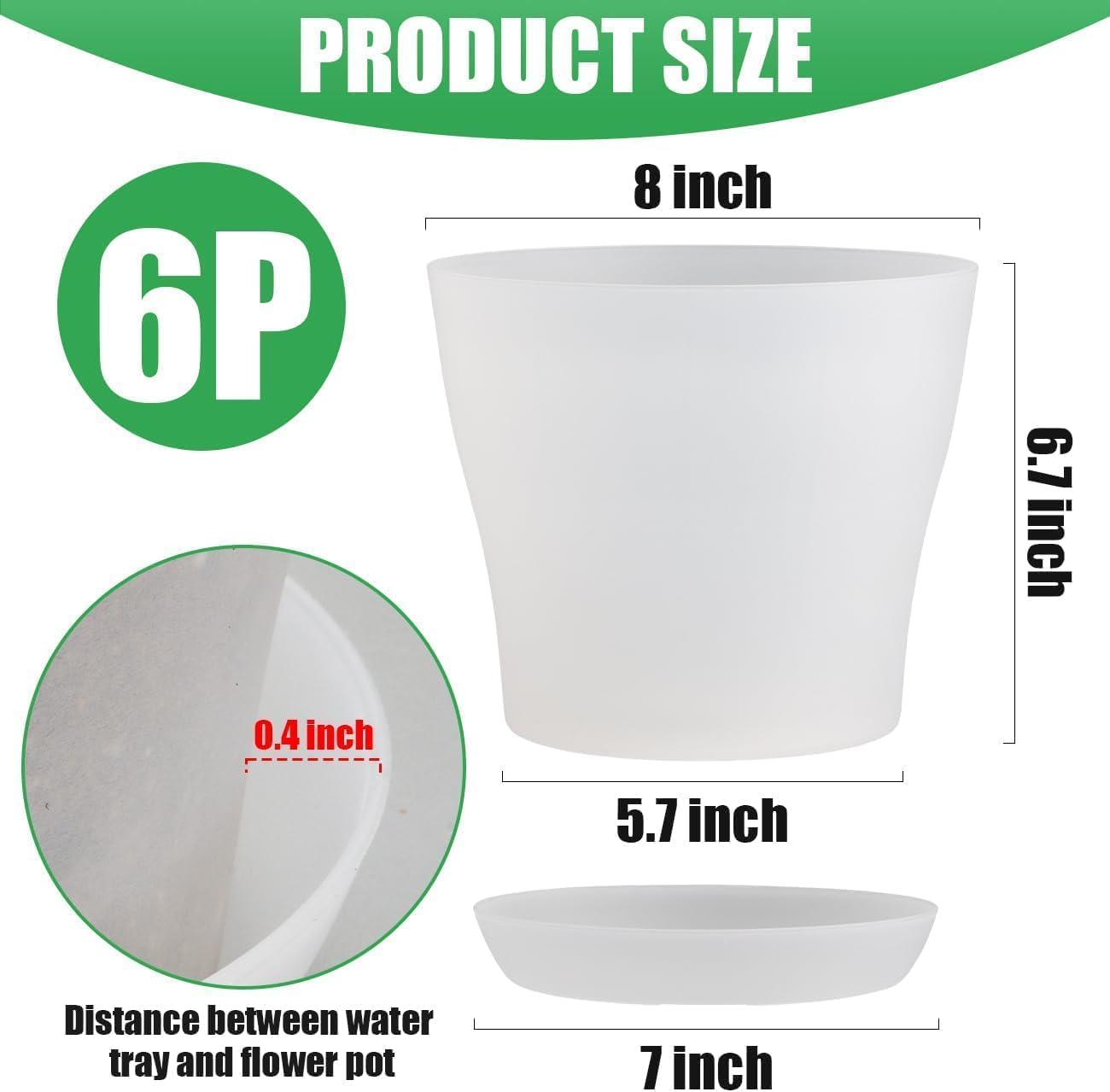 6 Pack 8 Inch Clear Nursery Plant Pots with Large Drainage Holes &Saucer | Plastic Translucent Flower Pots - Durable