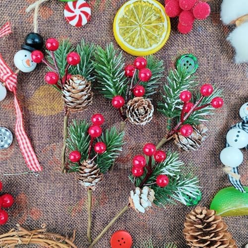 RONYOUNG 20PCS 4.5inch Red Berry Stems Pine Branches Evergreen Berries Décor Artificial Pine Cones Branch for Christmas Craft Wreath Pick & Winter Holiday