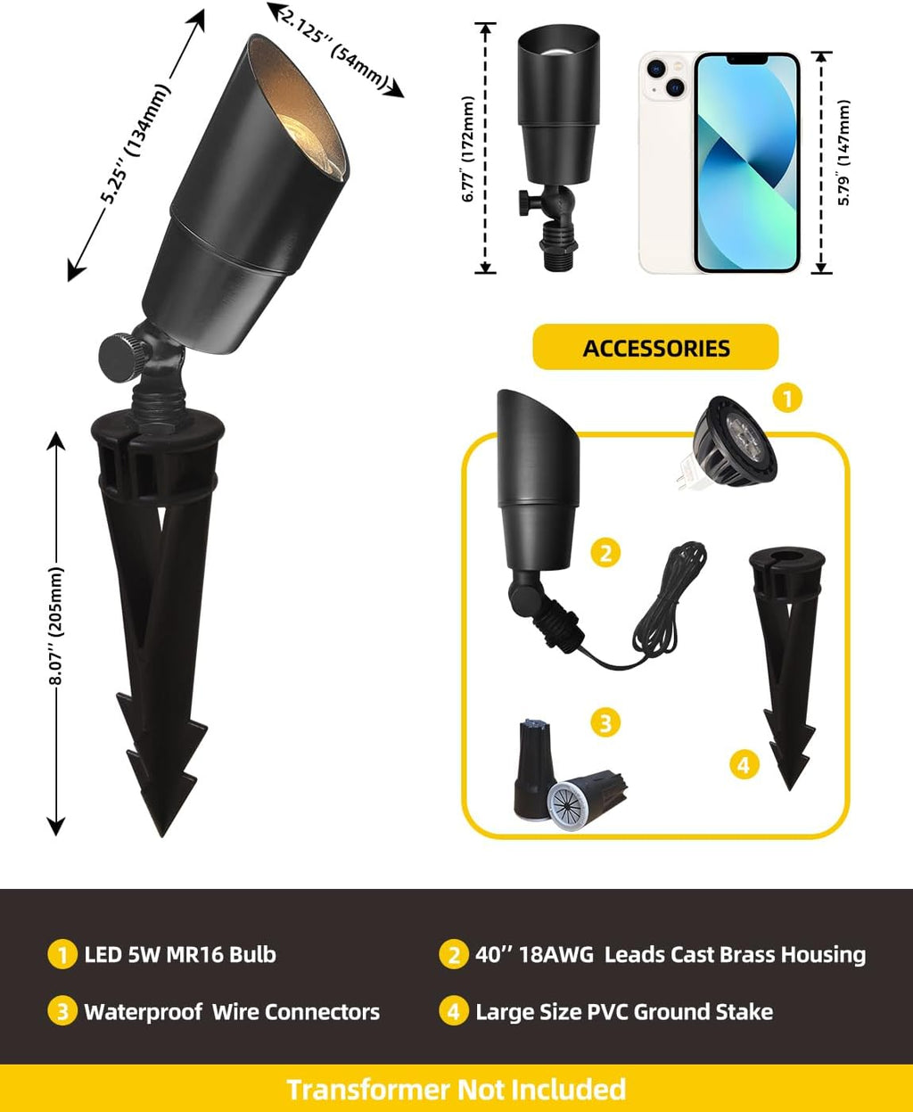 COLOER Solid Brass Landscape Spotlight 1-Pack with 5W LED MR16(101B-Black) | 9-17V AC/DC Heavy Duty Low Voltage Accent