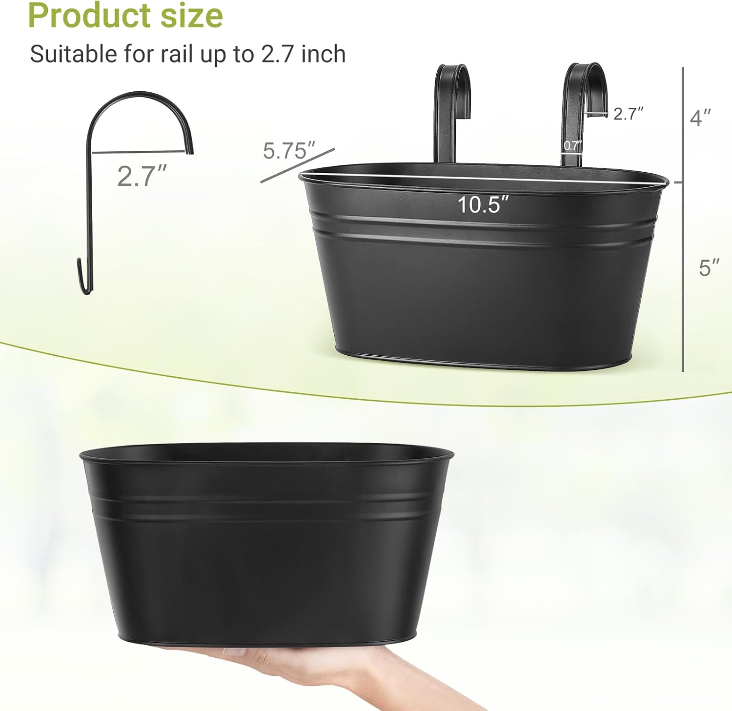 Dahey 10.5 Inch Metal Hanging Flower Pots 4 Pcs Outdoor Railing Planter Box | Drainage Holes, 2.7”Width Iron Detachable