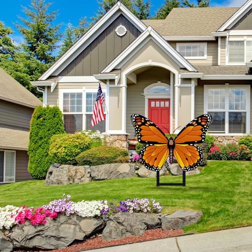 1 Pcs Orange Butterfly Metal Garden Stake 16.5'' Outdoor Decor