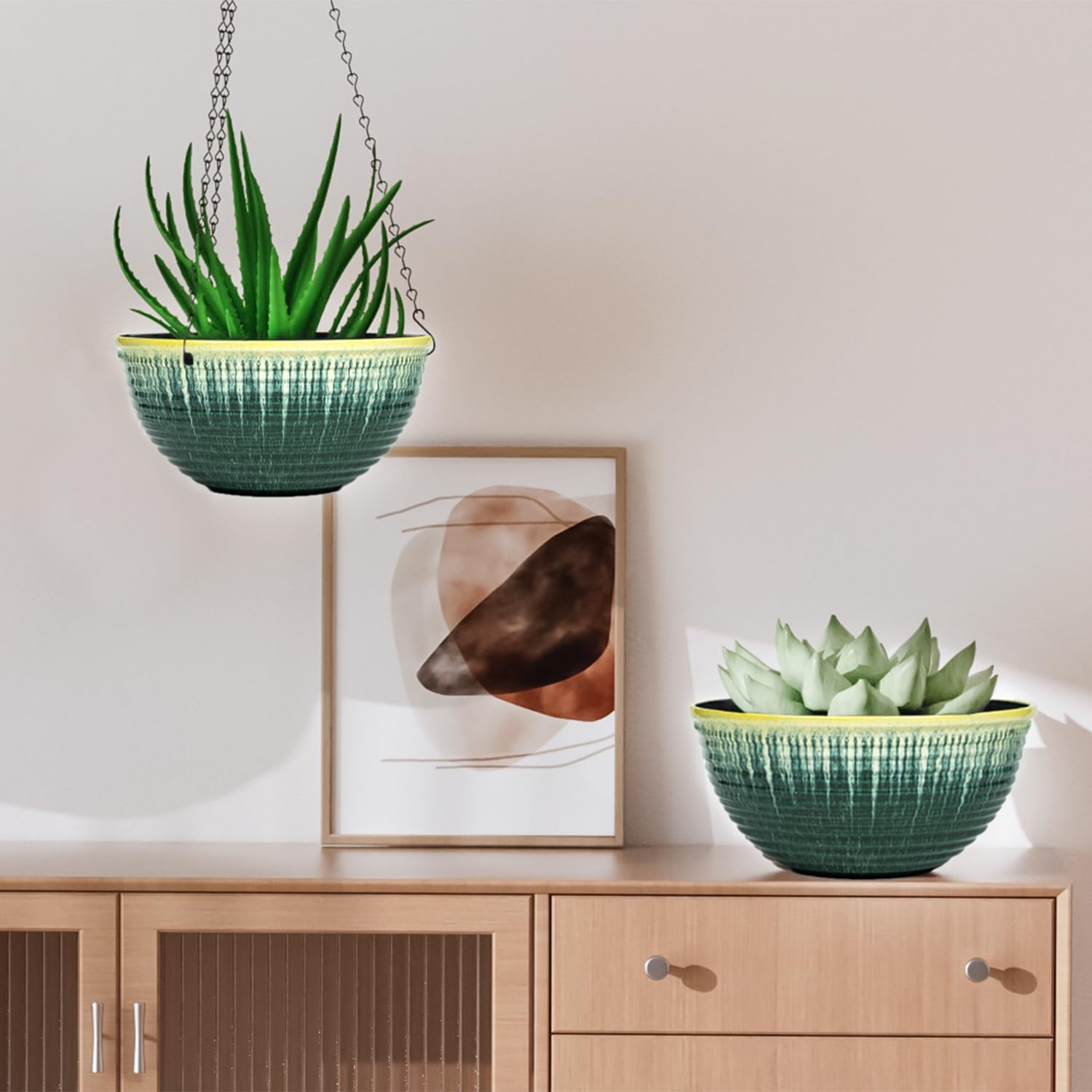 10inch Hanging Planter, 2 Pack Hanging Planters for Indoor and Outdoor Plants, Glazed Hanging Plant Holder with
