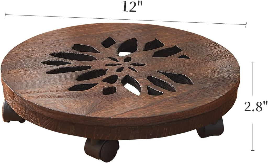 Wooden Plant Stand with Wheels, Rolling Planter Caddy, Heavy Duty | Built‑in Drip Tray,No Assembly Required,Lockable