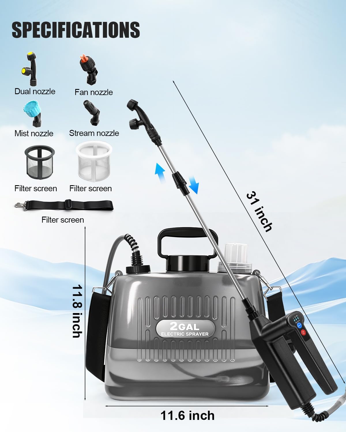 Battery Powered Sprayer 2 Gallon, Electric Weed Sprayer with 3 Adjustable Pressure Levels, 4 Nozzles & Extendable Wand
