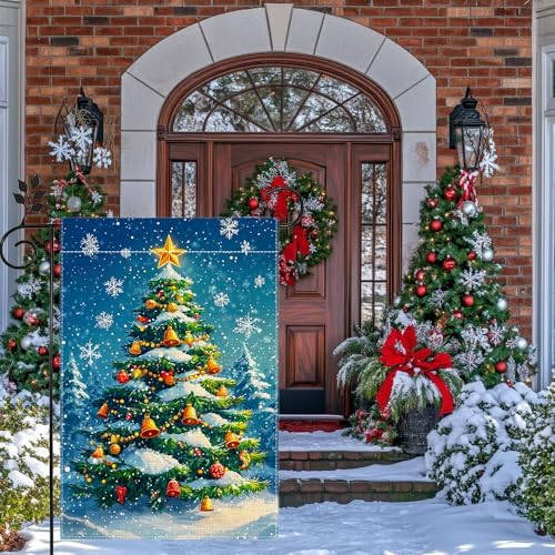 Winter Christmas Tree Garden Flag for Outside, Snowflake Xmas Ball Welcome Christmas Yard Flag 12x18 Inch Double Sided Burlap Holiday Farmhouse Home Decoration Outdoor Flag